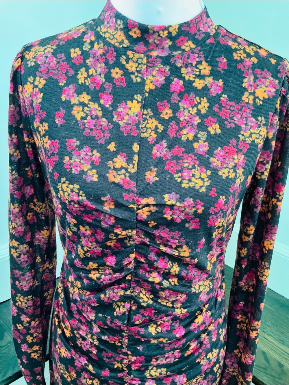 Oliver Bonas - Blurred Floral Print Pink Mesh Midi Dress - Picture 4 of 9